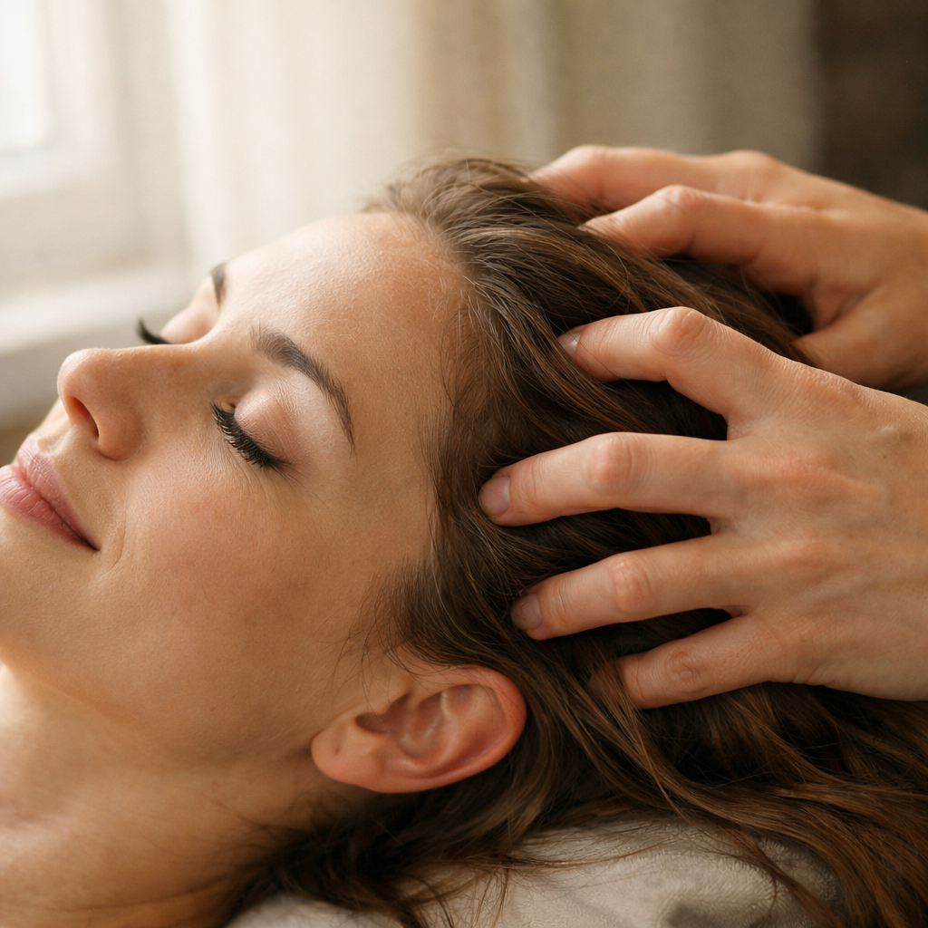 Woman with eyes closed receiving a relaxing scalp massage